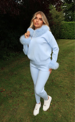 Baby Blue Luxury Fur Trim Hood & Cuff Jogger Tracksuit