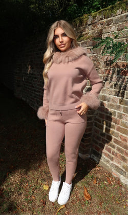 Taupe Luxury Fur Trim Hood & Cuff Jogger Tracksuit