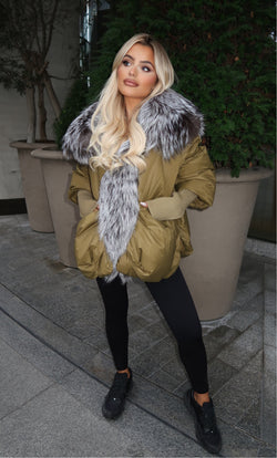 Khaki Luxury Fur Trim Jacket