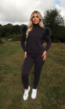 Charcoal Luxury Fur Roll Neck Jogger Tracksuit