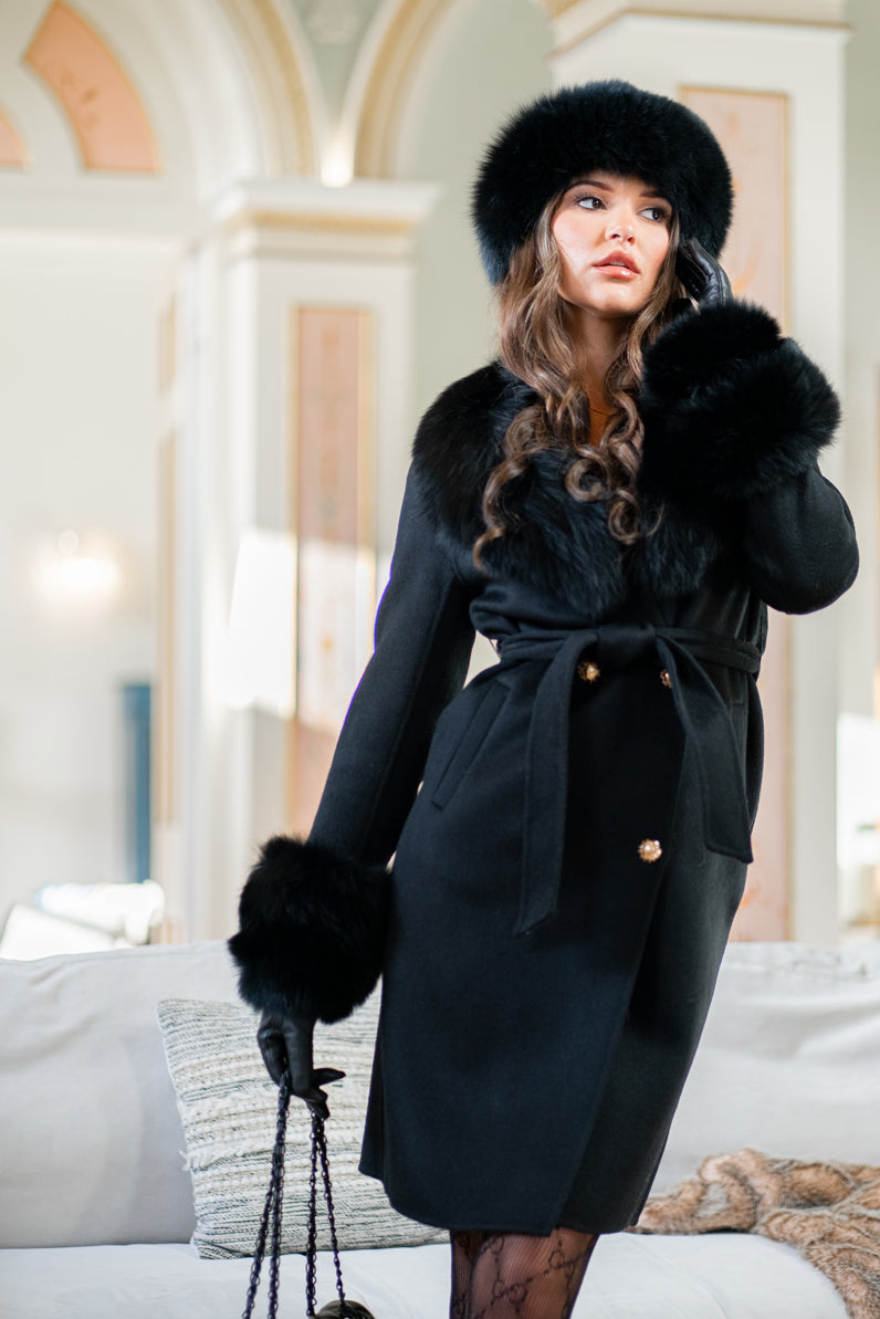 sachin and babi light blue dress Luxe Long Sleeve Fur Jacket in Black by Bubish