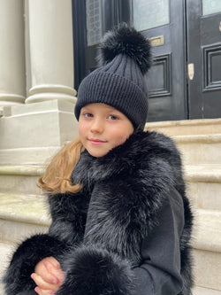 Childrens Black Premium Faux Fur Bobble Hat