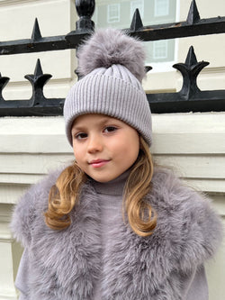 Childrens Light Grey Premium Faux Fur Bobble Hat