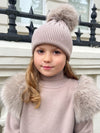 Childrens Beige Premium Faux Fur Bobble Hat