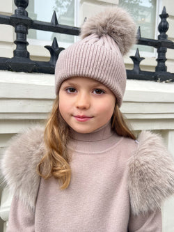 Childrens Beige Premium Faux Fur Bobble Hat