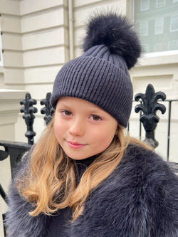 Childrens Charcoal Premium Faux Fur Bobble Hat