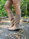 Dark Beige Calf Length Suede Effect Cowboy Boots