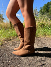 Tan Calf Length Suede Effect Cowboy Boots