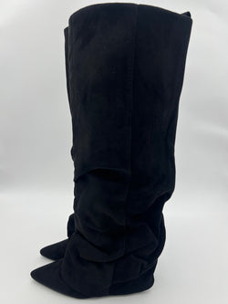 Black Faux Suede Fold Over Knee High Slouch Boot