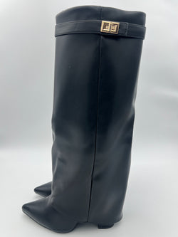 Black Faux Leather Fold Over Boot With Gold Buckle