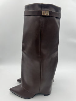 Chocolate Faux Leather Fold Over Boot With Gold Buckle