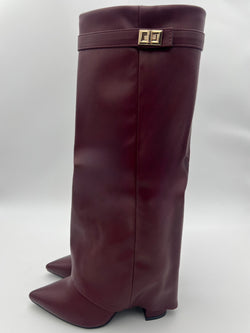 Burgundy Faux Leather Fold Over Boot With Gold Buckle