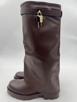 Chocolate Faux Leather Fold Over Lock Chunky Boot