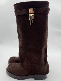 Chocolate Faux Suede Fold Over Chunky Sole Lock Boot
