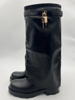 Black Faux Leather Fold Over Lock Chunky Boot
