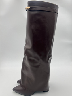 Chocolate Faux Leather Gold Bar Detail Fold Over Boot
