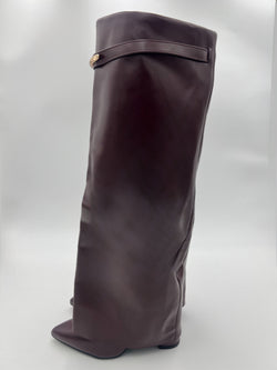 Burgundy Faux Leather Gold Bar Detail Fold Over Boot