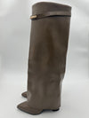 Dark Beige Faux Leather Gold Bar Detail Fold Over Boot