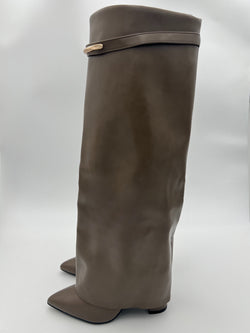 Dark Beige Faux Leather Gold Bar Detail Fold Over Boot