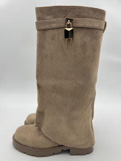 Dark Beige Faux Suede Fold Over Chunky Sole Lock Boot