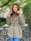 Khaki/Natural Fur Luxury Fur Padded Belted Coat