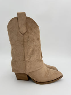 Dark beige shark fold over cowboy boot with decorative stitching on a white background