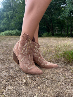 Camel Suede Effect Studded Ankle Cowboy Boots