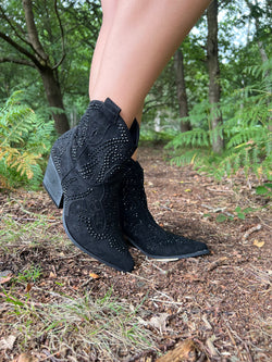 Black Suede Effect Studded Ankle Cowboy Boots