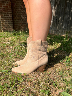 Dark Beige Faux Suede Star Detail Ankle Cowboy Boots