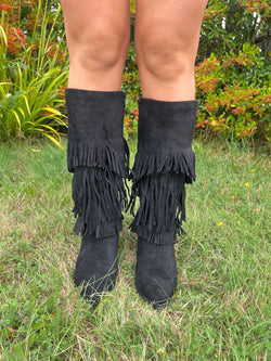 Black Fringe Faux Suede Cowboy Boots
