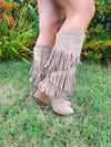 Dark Beige Fringe Faux Suede Cowboy Boots
