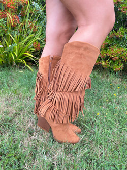 Camel Fringe Faux Suede Cowboy Boots