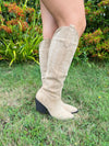 Dark Beige Knee High Faux Suede Western Cowboy Boots