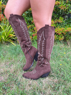 Chocolate Knee High Faux Suede Western Cowboy Boots