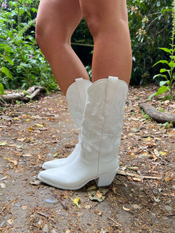 White Faux Leather Embroidered Cowboy Boots