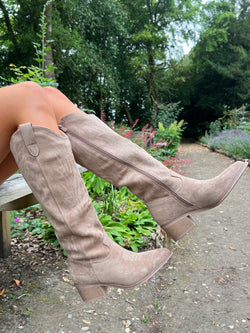 Dark Beige Knee High Cowboy Boots