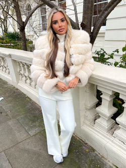 Beige Luxury Fur 5 Row Long Sleeve Jacket