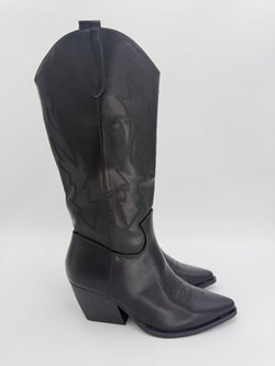 Black Faux Leather Embroidered Cowboy Boots - H&L
