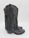 Black Fringe Faux Leather Cowboy Boots - H&L