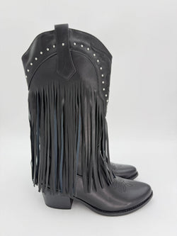Black Fringe Faux Leather Cowboy Boots - H&L