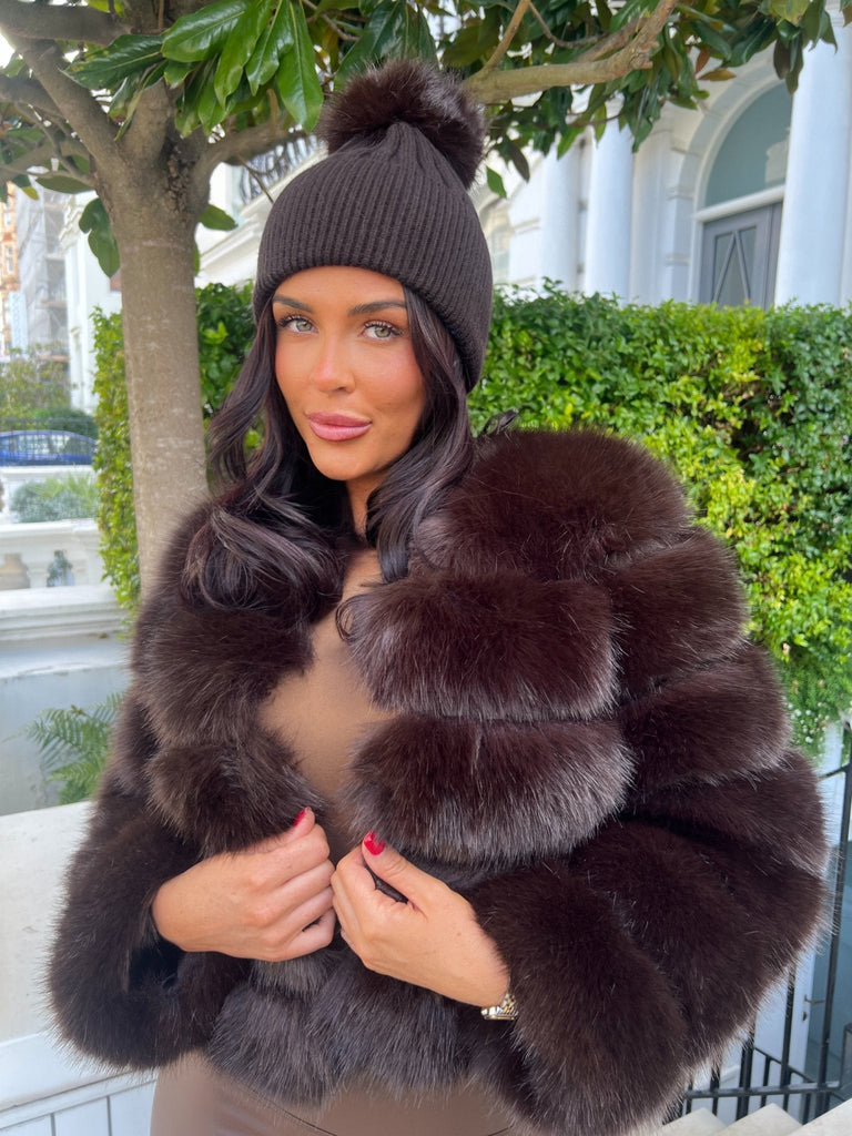 Chocolate Premium Faux Fur Bobble Hat - H&L