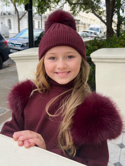 Childrens Burgundy Premium Faux Fur Bobble Hat